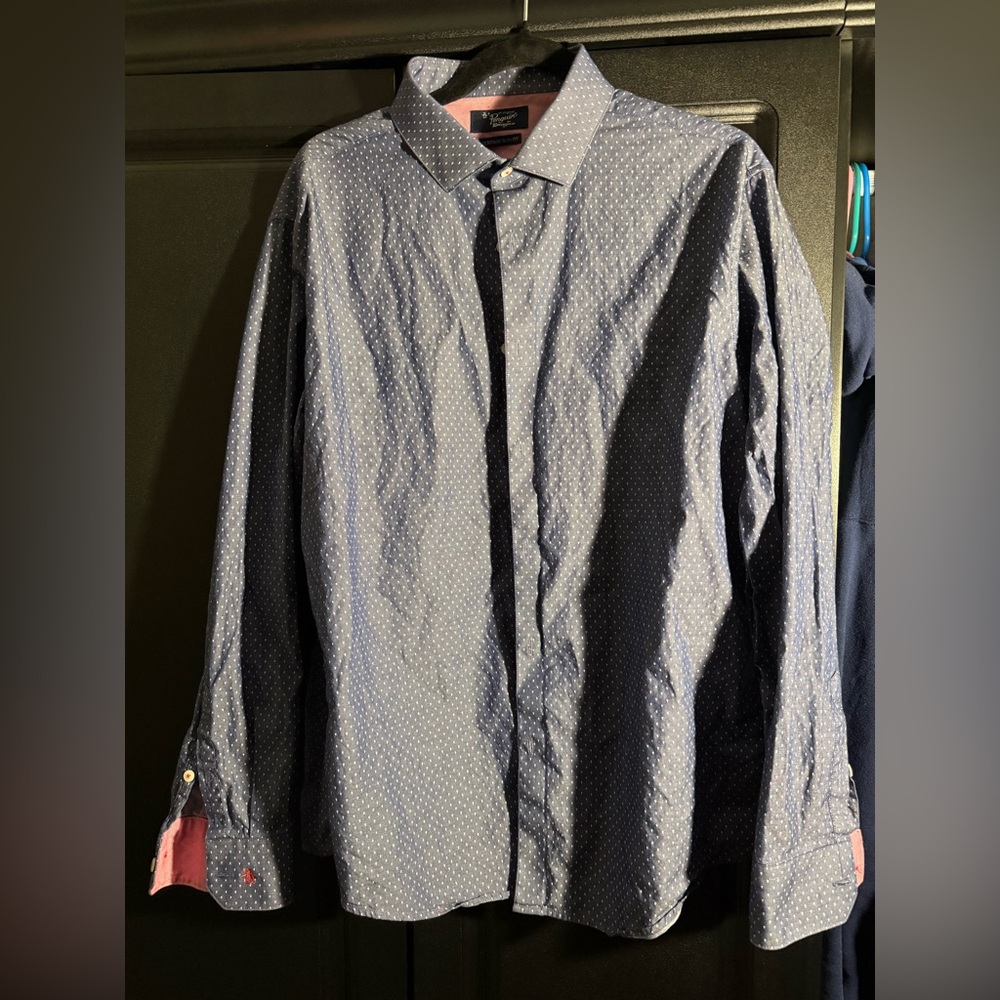 Men's Penguin Blue Button-Up Shirt 34/35 Red Inner Detail